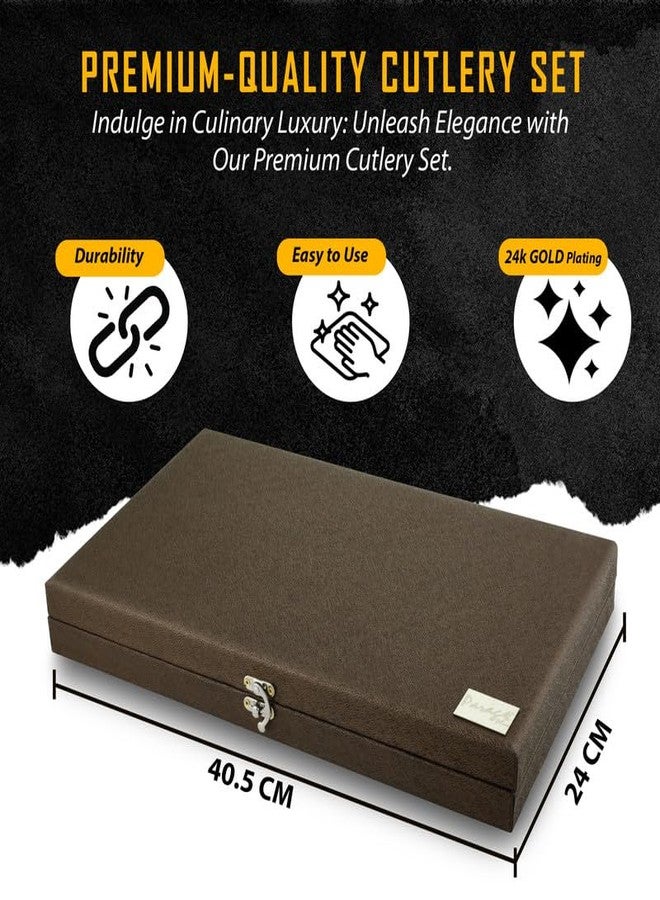 Parage 24 Pieces Premium Stainless Steel Golden Cutlery Set, Home & Kitchen with Gift Box, (6 Pieces Each Table Spoons, Table Forks, Dinner Spoon & Tea Spoons) with Leatherite Box (Moonpress Design) - Image 4